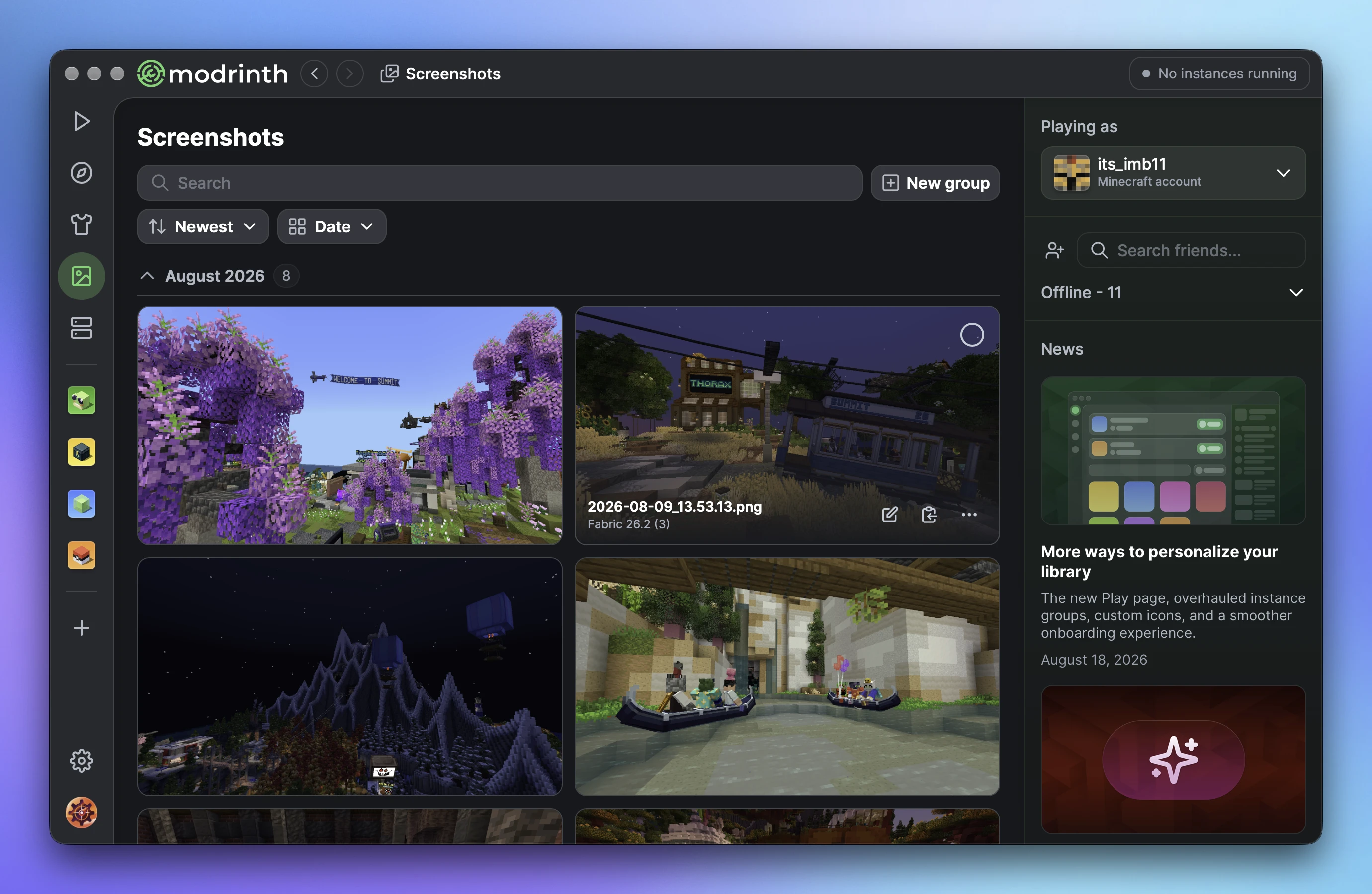 The screenshots page with screenshots grouped across instances.